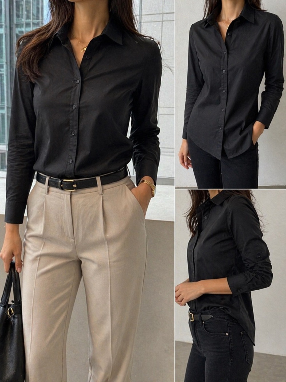 Chicos Black Button Down Shirt Sz 1 Stretch Cotton Blend Long Sleeve Work Blouse